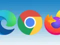 Trzy ikony przeglądarek: Edge, Chrome i Firefox. Każdy **explorer** oferuje unikalną podróż po internecie.