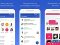 Ekran aplikacji do obsługi wiadomości Google SMS. Widok listy kontaktów, listy konwersacji i okna czatu z możliwością wysyłania zdjęć.
