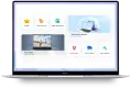 Interfejs Huawei PC Manager z opcjami: korzyści, ceny części, wizyta serwisowa, udostępnianie plików, centrum serwisowe, wysyłka do naprawy i postęp naprawy.