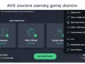 Interfejs programu AVG Antivirus Free oferuje różne opcje skanowania, w tym skanowanie komputera, sieci i poczty.