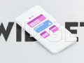 Duże litery "WIDŻET" otaczają biały smartfon z kolorowymi powiadomieniami.