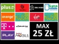 T-Mobile na kartę za 25 zł. Obok loga T-Mobile widnieją inne marki: Plus, Heyah, Mobile Vikings, Lyca mobile, Orange, Plush, Virgin mobile, a2mobile, Play, Red Bull Mobile.