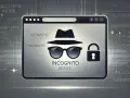 Ikona mężczyzny w kapeluszu i okularach symbolizuje tryb incognito. Zamek obok oznacza bezpieczeństwo i prywatność podczas przeglądania.