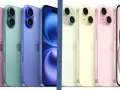 Rząd kolorowych iPhone'ów, od różowego po niebieski, z widocznym interfejsem iOS 15 na ekranie jednego z nich.