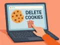 Ręka klika ikonę kosza na śmieci na ekranie laptopa z napisem "DELETE COOKIES" i ciasteczkiem. Dowiedz się, jak usunąć pliki cookies.