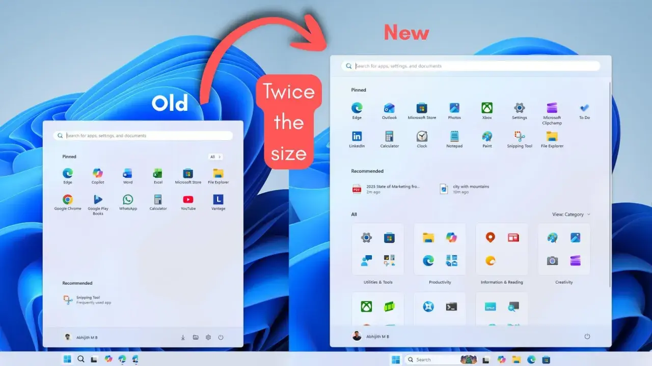 Porównanie menu startowego Windows 11: stare, mniejsze, z ikonami aplikacji i polem wyszukiwania, kontra nowe, dwa razy większe, z większą liczbą opcji i rekomendacjami.