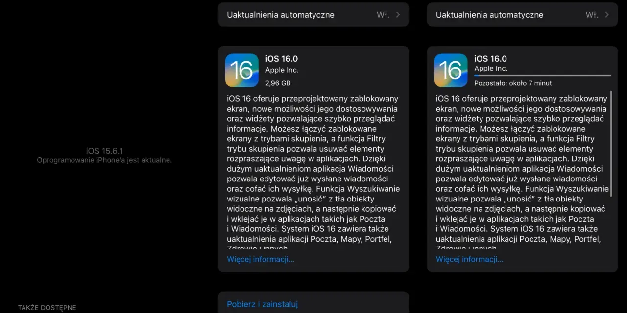 Ekran aktualizacji iPhone'a z informacją o dostępności iOS 16, który oferuje przeprojektowany ekran blokady i nowe funkcje.