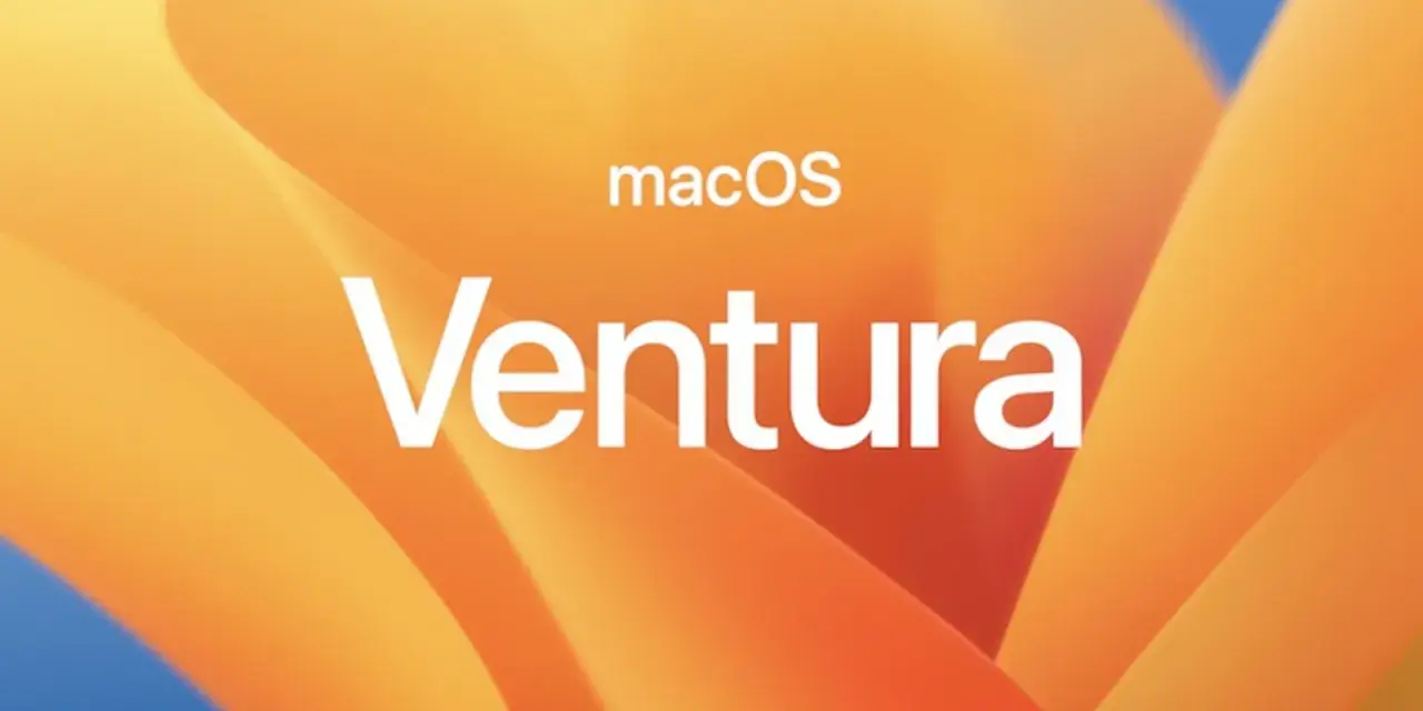 Logo macOS Ventura na pomarańczowym tle z falistymi kształtami.