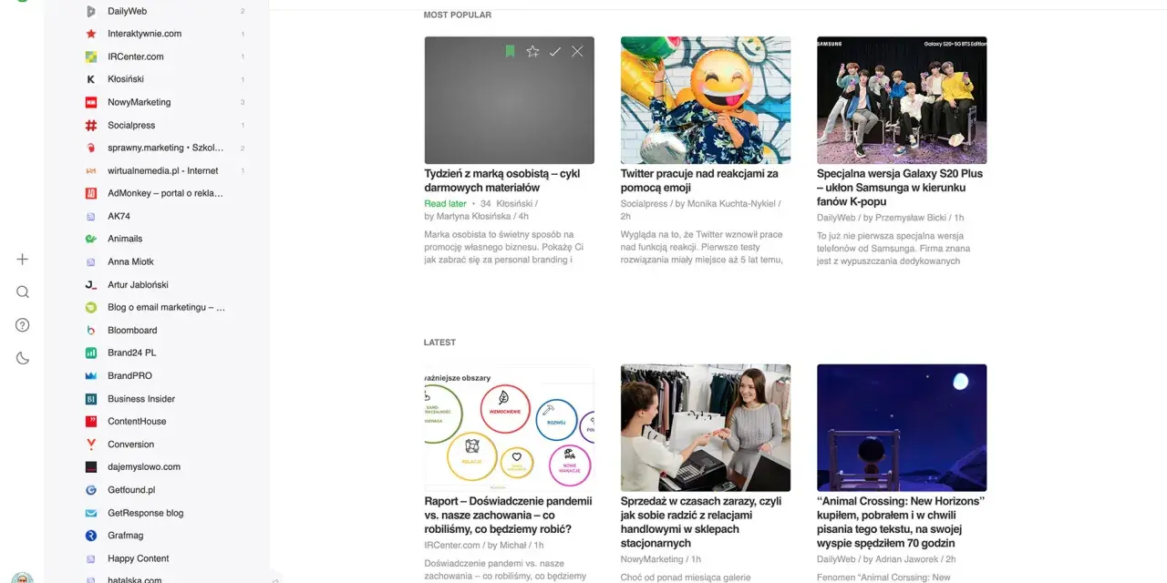 Ulubione strony: artykuły o marketingu, technologii i grach.