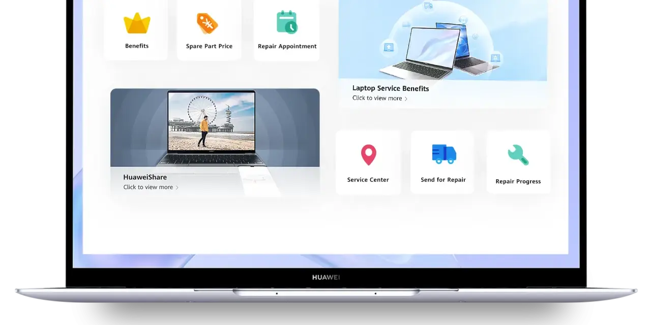Interfejs Huawei PC Manager z opcjami: korzyści, ceny części, wizyta serwisowa, udostępnianie plików, centrum serwisowe, wysyłka do naprawy i postęp naprawy.