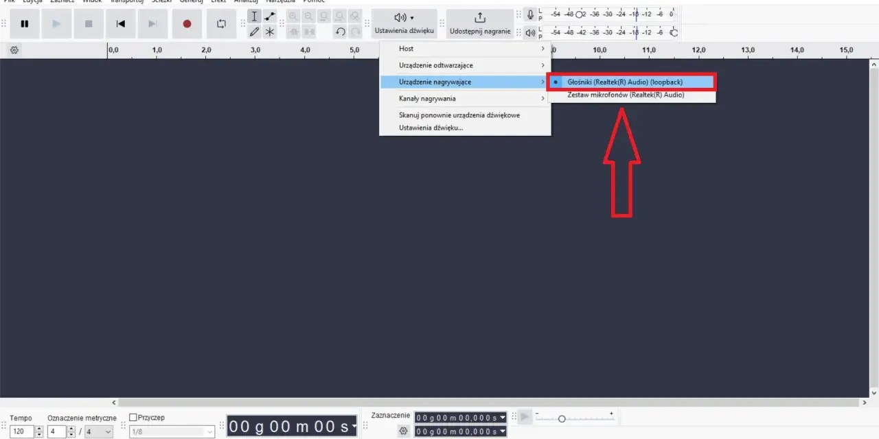 Audacity po polsku: wybór urządzenia nagrywającego, zaznaczone "Głośniki (Realtek(R) Audio) (loopback)".