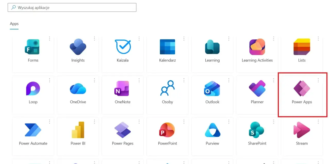 Widok pulpitu nawigacyjnego aplikacji, gdzie wyróżniono ikonę Power Apps.