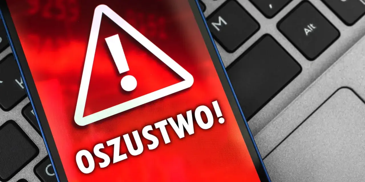Oszustwo na OLX! Czerwony ekran telefonu z wykrzyknikiem ostrzega przed oszustami. Uważaj na podejrzane oferty.