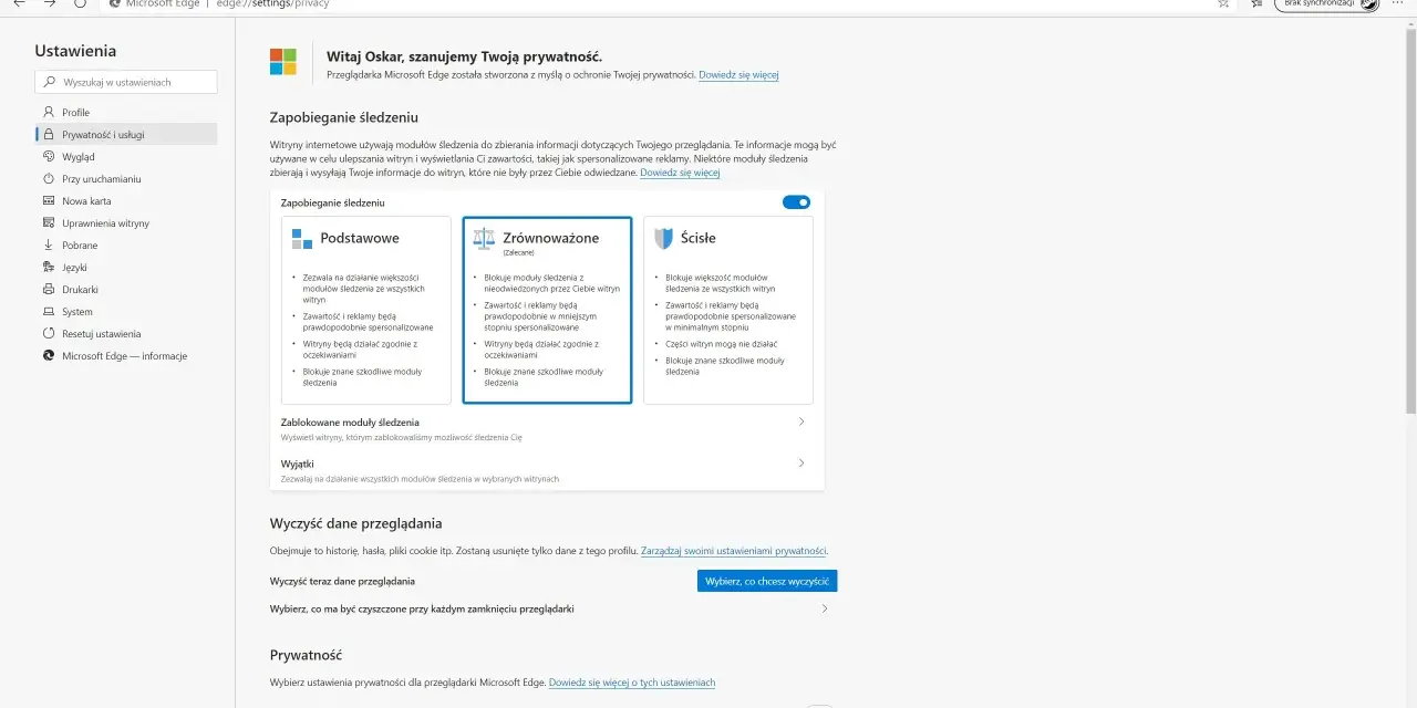 Ustawienia prywatności w przeglądarce Microsoft Edge: blokowanie śledzenia, czyszczenie danych i zarządzanie prywatnością.