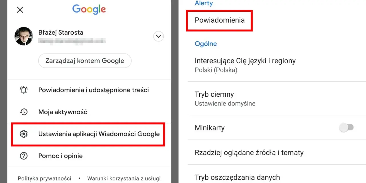 Ekran ustawień aplikacji Wiadomości Google. Aby wyłączyć wiadomości Google, wybierz "Powiadomienia".