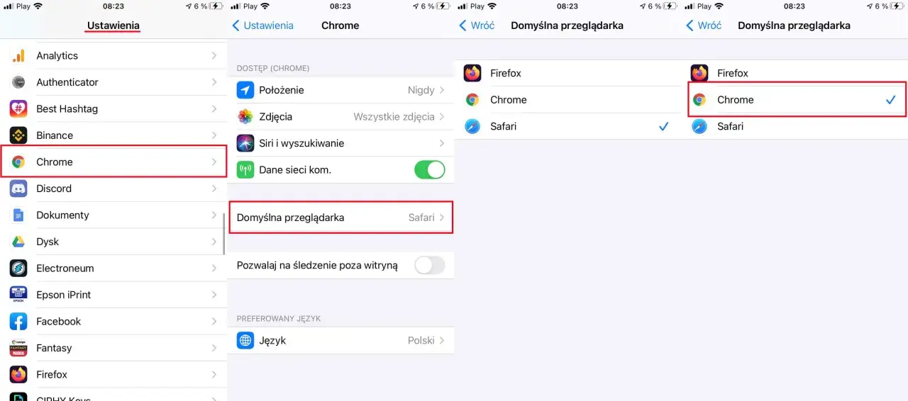 Ekran ustawień telefonu z zaznaczonym wyborem Chrome jako domyślnej przeglądarki.