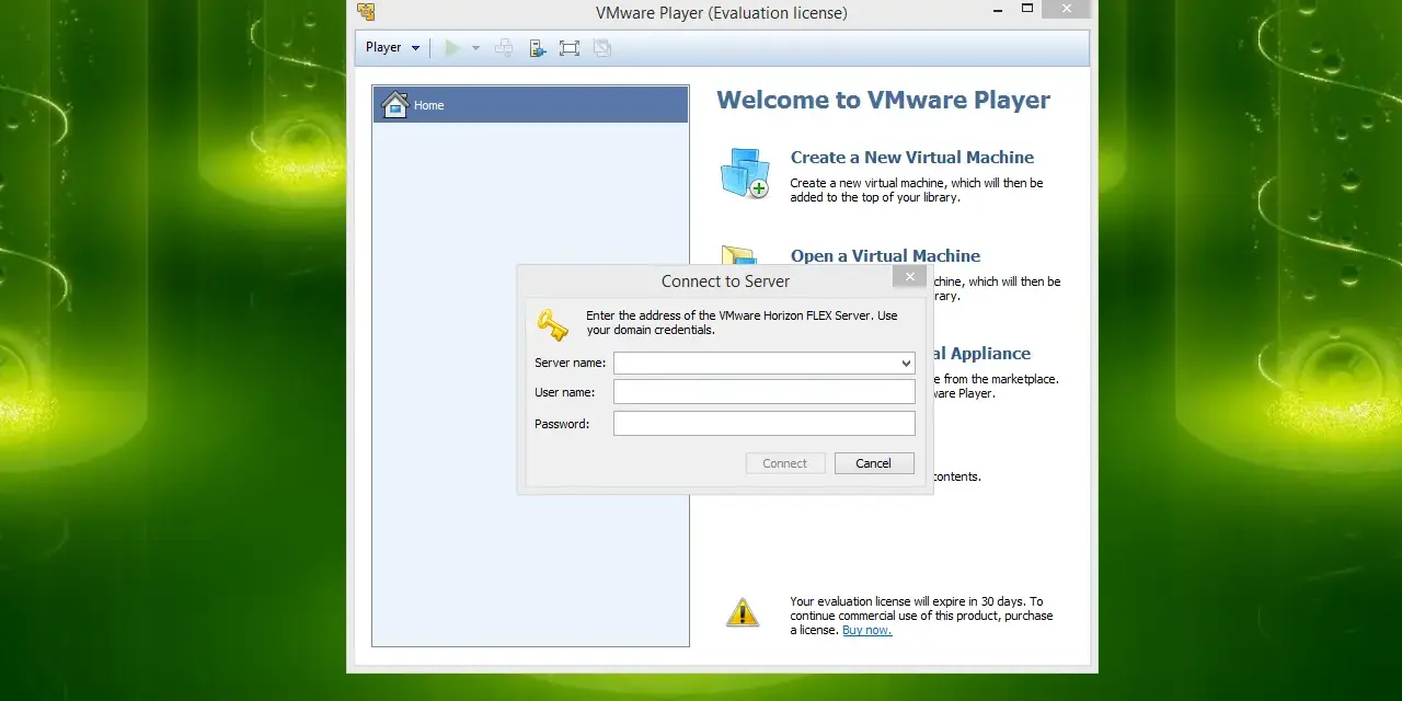 Okno programu VMware Player z prośbą o podanie danych logowania do serwera.