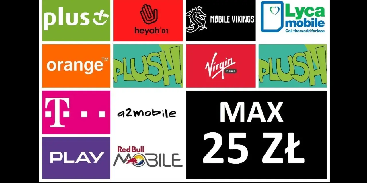 T-Mobile na kartę za 25 zł. Obok loga T-Mobile widnieją inne marki: Plus, Heyah, Mobile Vikings, Lyca mobile, Orange, Plush, Virgin mobile, a2mobile, Play, Red Bull Mobile.