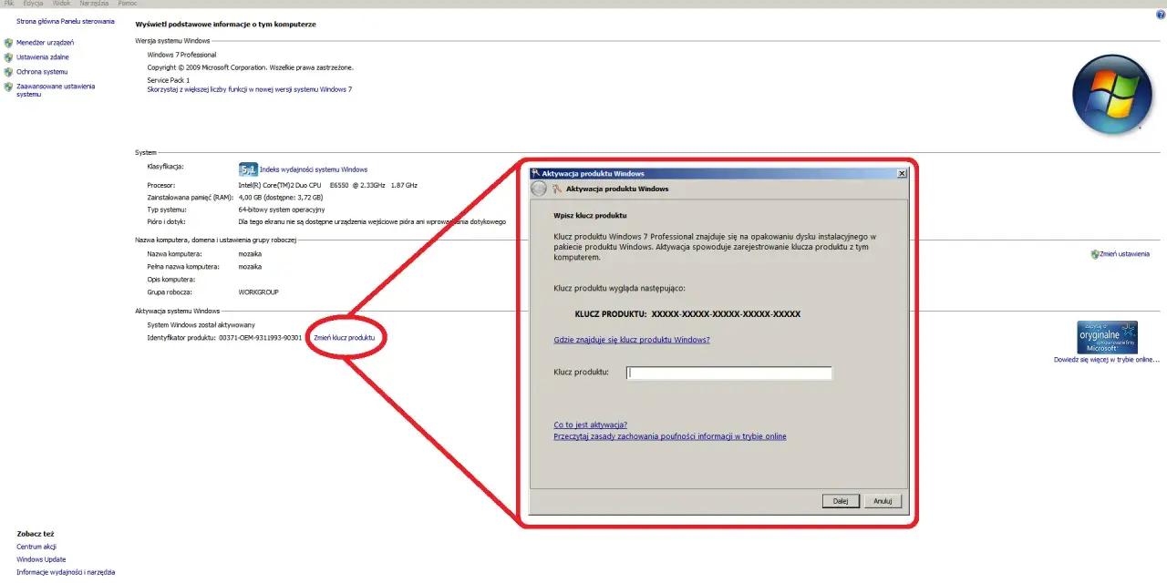 Okno aktywacji produktu Windows 7 z polem do wpisania klucza produktu.