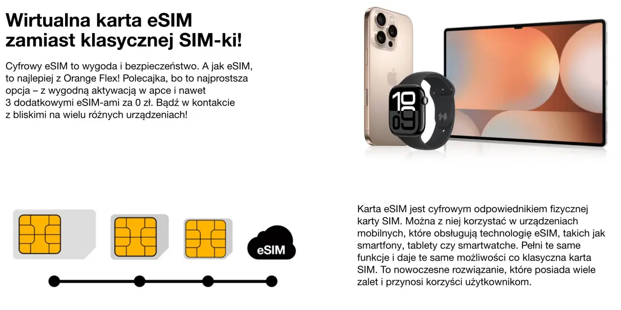Jak włączyć eSIM Orange? Wirtualna karta eSIM to wygoda i bezpieczeństwo. Aktywuj ją w apce i bądź w kontakcie na wielu urządzeniach.