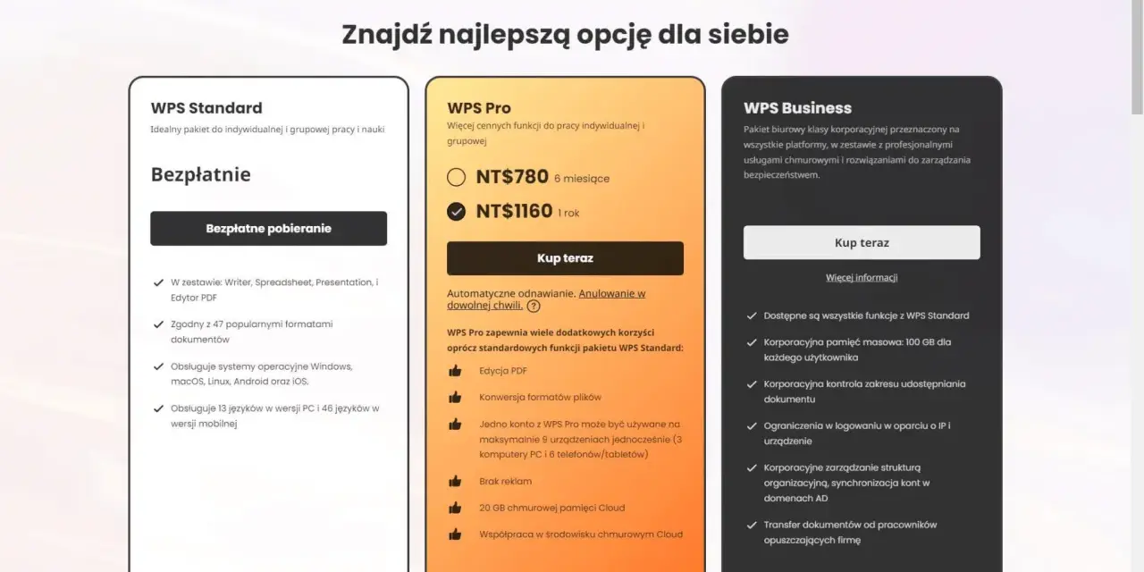Wybierz pakiet WPS: Standard (bezpłatny), Pro (więcej funkcji) lub Business (korporacyjny). Znajdź idealne rozwiązanie dla siebie.
