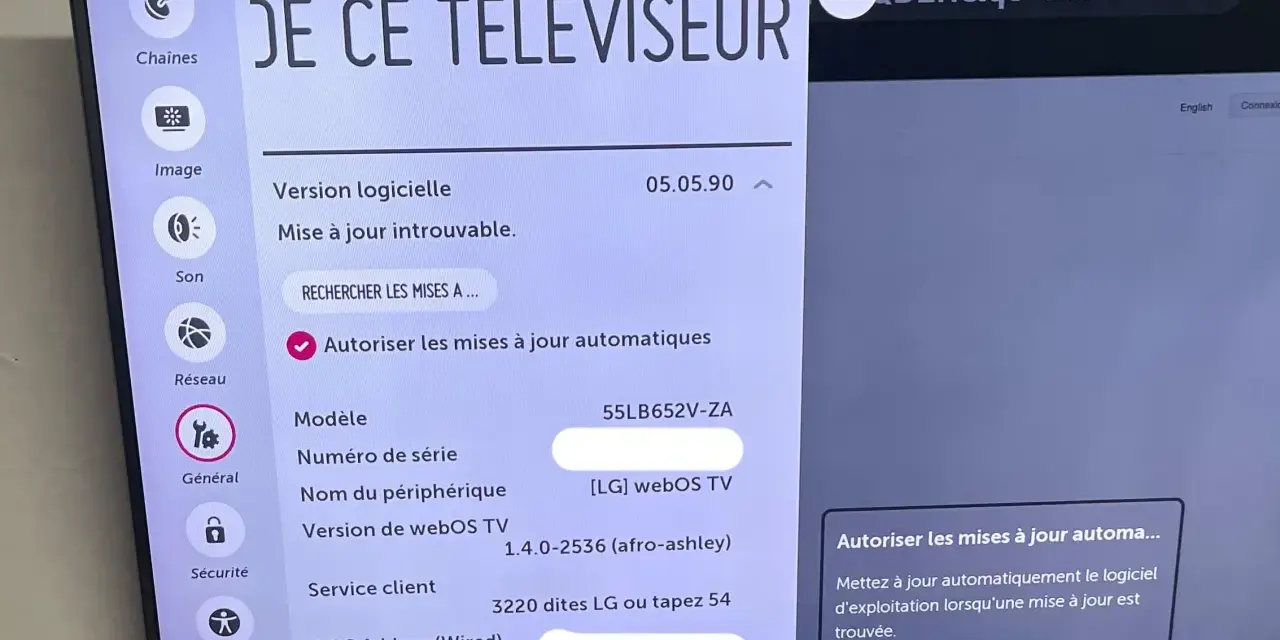 Ekran telewizora LG z menu ustawień, widoczne opcje: Sieć, Ogólne, Bezpieczeństwo.