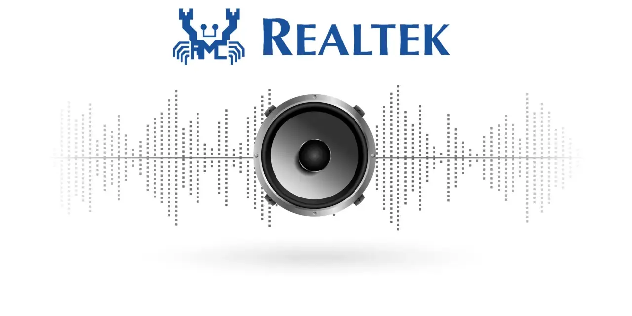 Logo Realtek z głośnikiem i wykresem dźwiękowym. Sterowanie dźwiękiem Realtek.