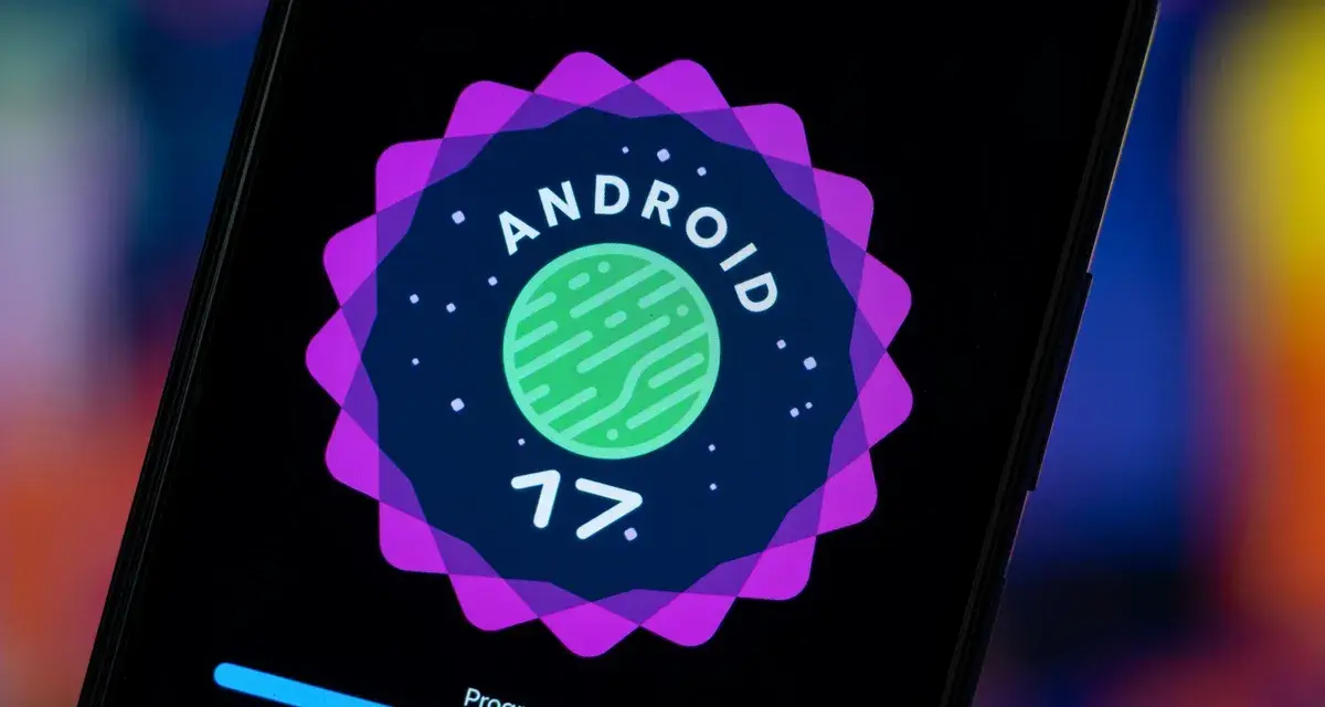 Logo Android 17 na ekranie telefonu, zapowiadające nowe wersje androida. Postęp aktualizacji w toku.