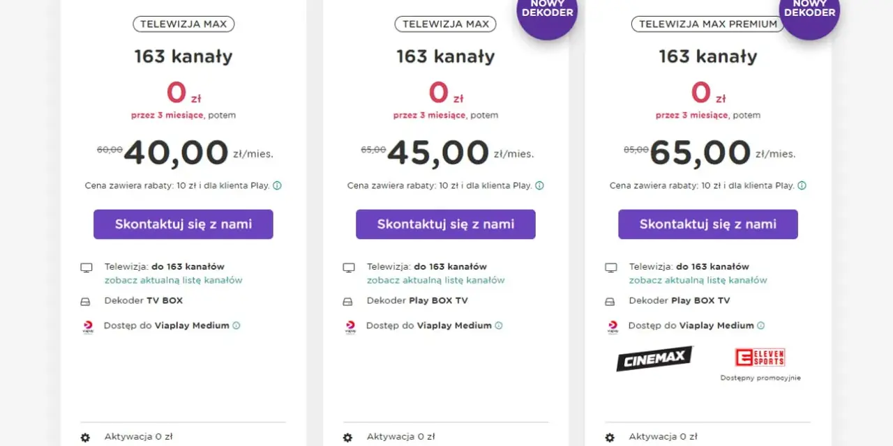 Oferty Play: Telewizja Max z 163 kanałami za 40 zł/mies., Max z dekoderem za 45 zł/mies. i Max Premium za 65 zł/mies. Sprawdź nasze upc pakiety!