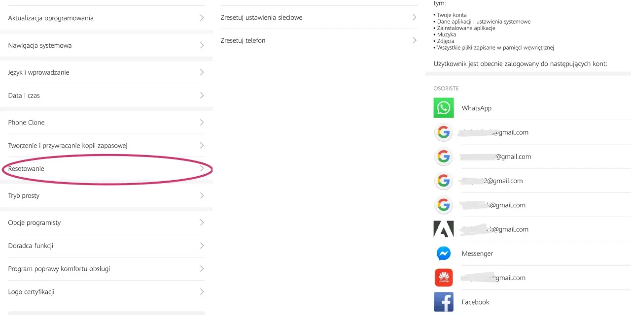 Szukasz sposobu, jak usunąć konto na Gmail? Na ekranie widać opcję "Resetowanie" w ustawieniach telefonu, która może pomóc w usunięciu kont.
