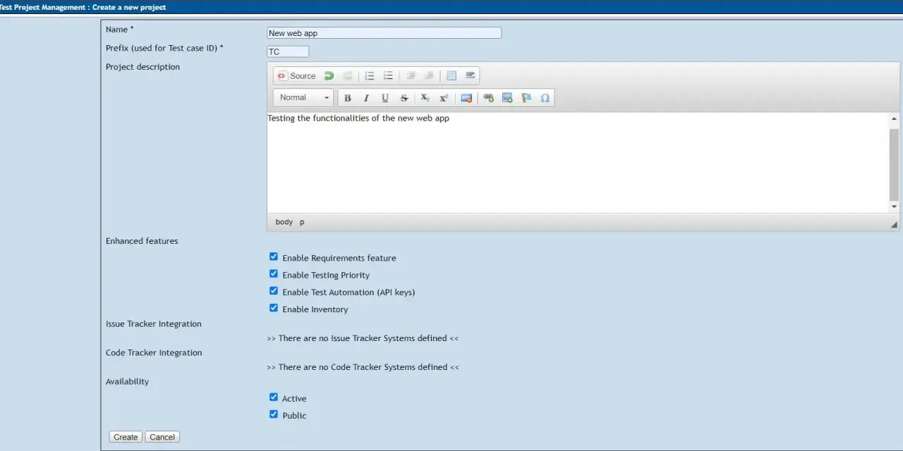 Tworzenie nowego projektu w TestLink. Wpisano nazwę "New web app", prefiks "TC" i opis testowania funkcjonalności.