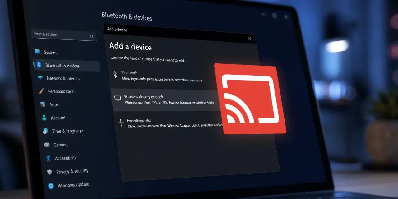 Ustawienia Windows 11: dodawanie urządzenia bezprzewodowego, np. przez Miracast.