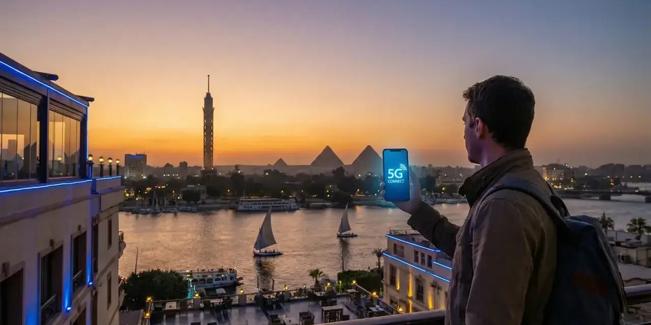 Mężczyzna z plecakiem trzyma telefon z napisem "5G CONNECT" na tle zachodzącego słońca nad Nilem, z widocznymi piramidami w Egipcie. eSIM Egipt zapewnia łączność.