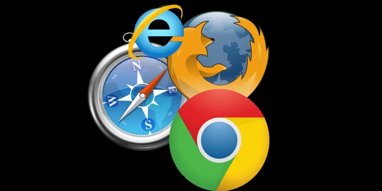 Ikony przeglądarek Internet Explorer, Firefox, Chrome i kompas na czarnym tle.