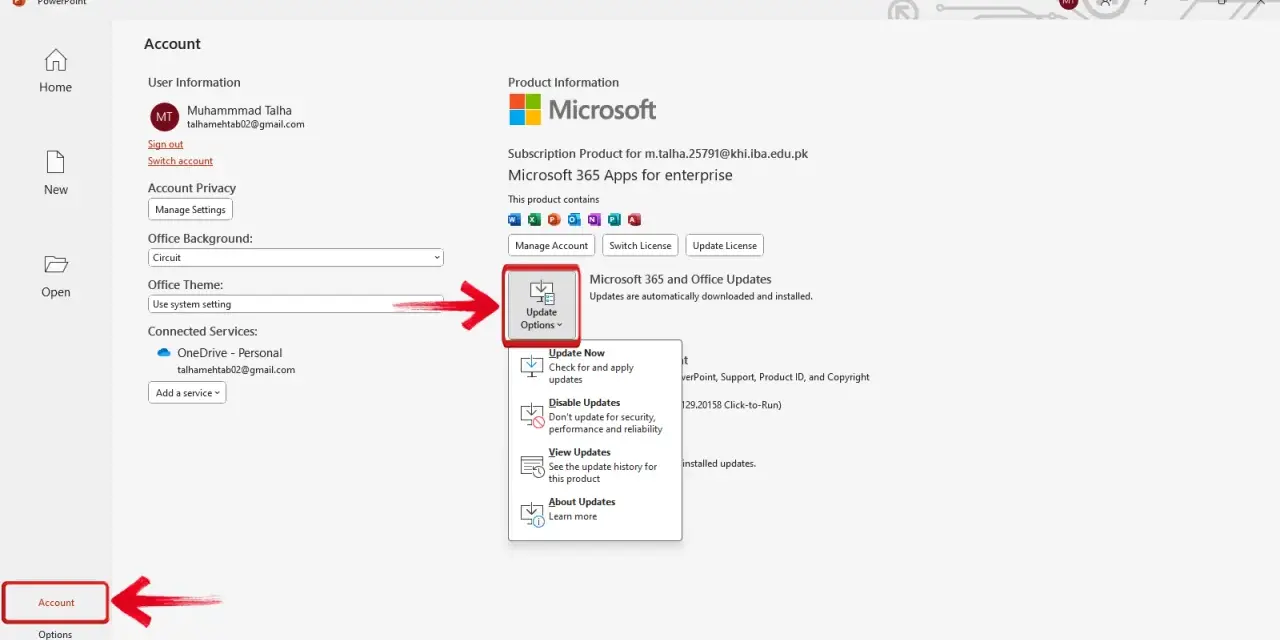Konto użytkownika w programie PowerPoint, gdzie można zarządzać aktualizacjami, aby mieć pewność, że korzystasz z najnowszej wersji, jakby to był powerpoint za darmo.