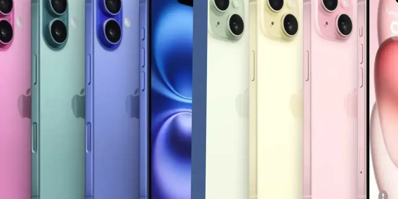 Rząd kolorowych iPhone'ów, od różowego po niebieski, z widocznym interfejsem iOS 15 na ekranie jednego z nich.
