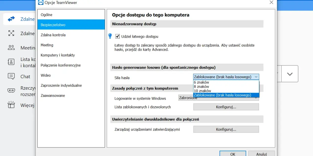 Ustawienia TeamViewer: opcje bezpieczeństwa, hasło generowane losowo, zasady połączeń.