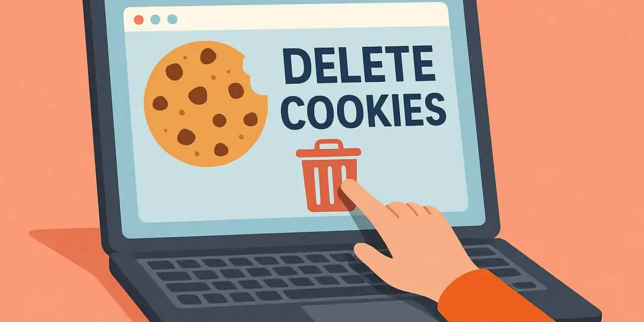 Ręka klika ikonę kosza na śmieci na ekranie laptopa z napisem "DELETE COOKIES" i ciasteczkiem. Dowiedz się, jak usunąć pliki cookies.