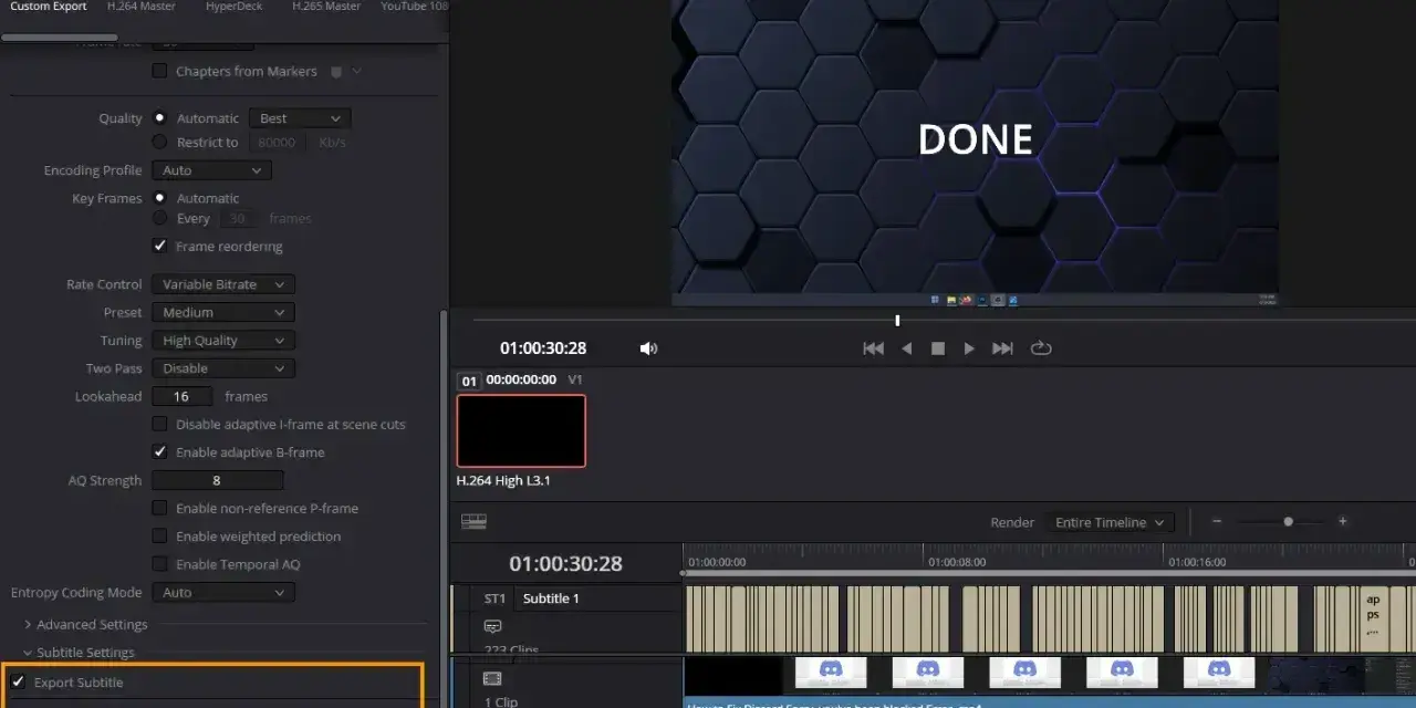 Ustawienia eksportu w DaVinci Resolve po polsku: zaznaczono opcję "Export Subtitle" i format "Burn into video".