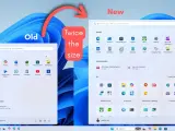 Porównanie menu startowego Windows 11: stare, mniejsze, z ikonami aplikacji i polem wyszukiwania, kontra nowe, dwa razy większe, z większą liczbą opcji i rekomendacjami.