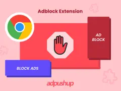 Logo Chrome, symbol stop i napis "Adblock Extension" sugerują przeglądarkę bez reklam.