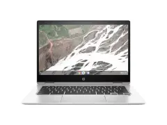 Srebrny laptop HP z systemem **Chromium OS** i klawiaturą. Na ekranie widok z lotu ptaka na krajobraz.