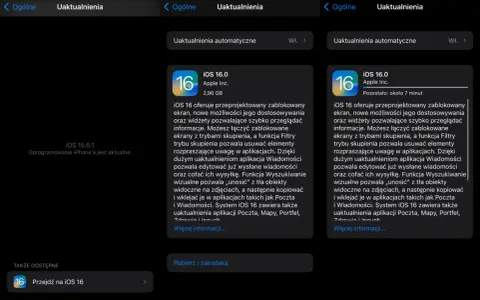 Ekran aktualizacji iPhone'a z informacją o dostępności iOS 16, który oferuje przeprojektowany ekran blokady i nowe funkcje.
