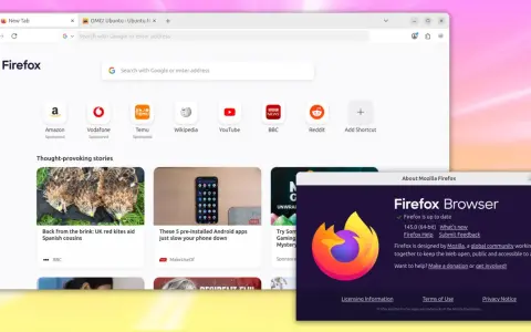 Okno przeglądarki Firefox ESR z informacją o aktualnej wersji. Widoczne zakładki, ikony ulubionych stron i artykuły.