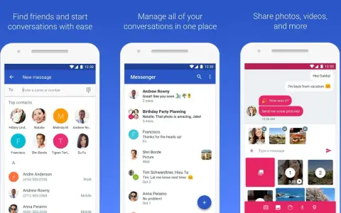 Ekran aplikacji do obsługi wiadomości Google SMS. Widok listy kontaktów, listy konwersacji i okna czatu z możliwością wysyłania zdjęć.