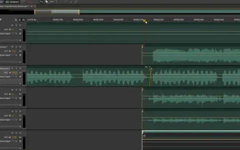 Edycja ścieżek w Adobe Audition: wokal, gitary i inne instrumenty. Widok multitrack.
