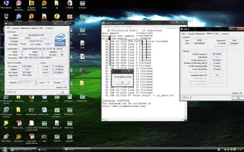Super Pi test zakończony, CPU-Z pokazuje szczegóły procesora Intel Pentium E2140.