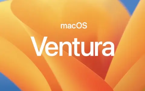 Logo macOS Ventura na pomarańczowym tle z falistymi kształtami.