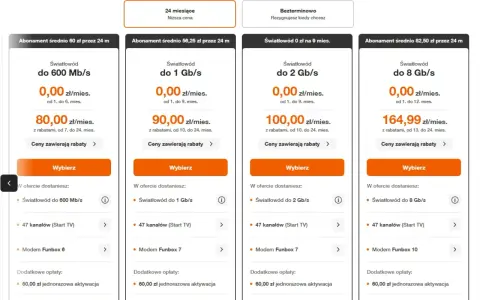 Porównanie ofert światłowodu: 600 Mb/s za 0 zł przez 6 mies., 1 Gb/s za 0 zł przez 9 mies., 2 Gb/s za 0 zł przez 9 mies., 8 Gb/s za 0 zł przez 12 mies. Sprawdź cenę światłowodu!