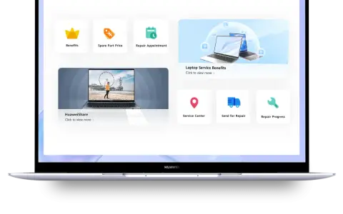 Interfejs Huawei PC Manager z opcjami: korzyści, ceny części, wizyta serwisowa, udostępnianie plików, centrum serwisowe, wysyłka do naprawy i postęp naprawy.